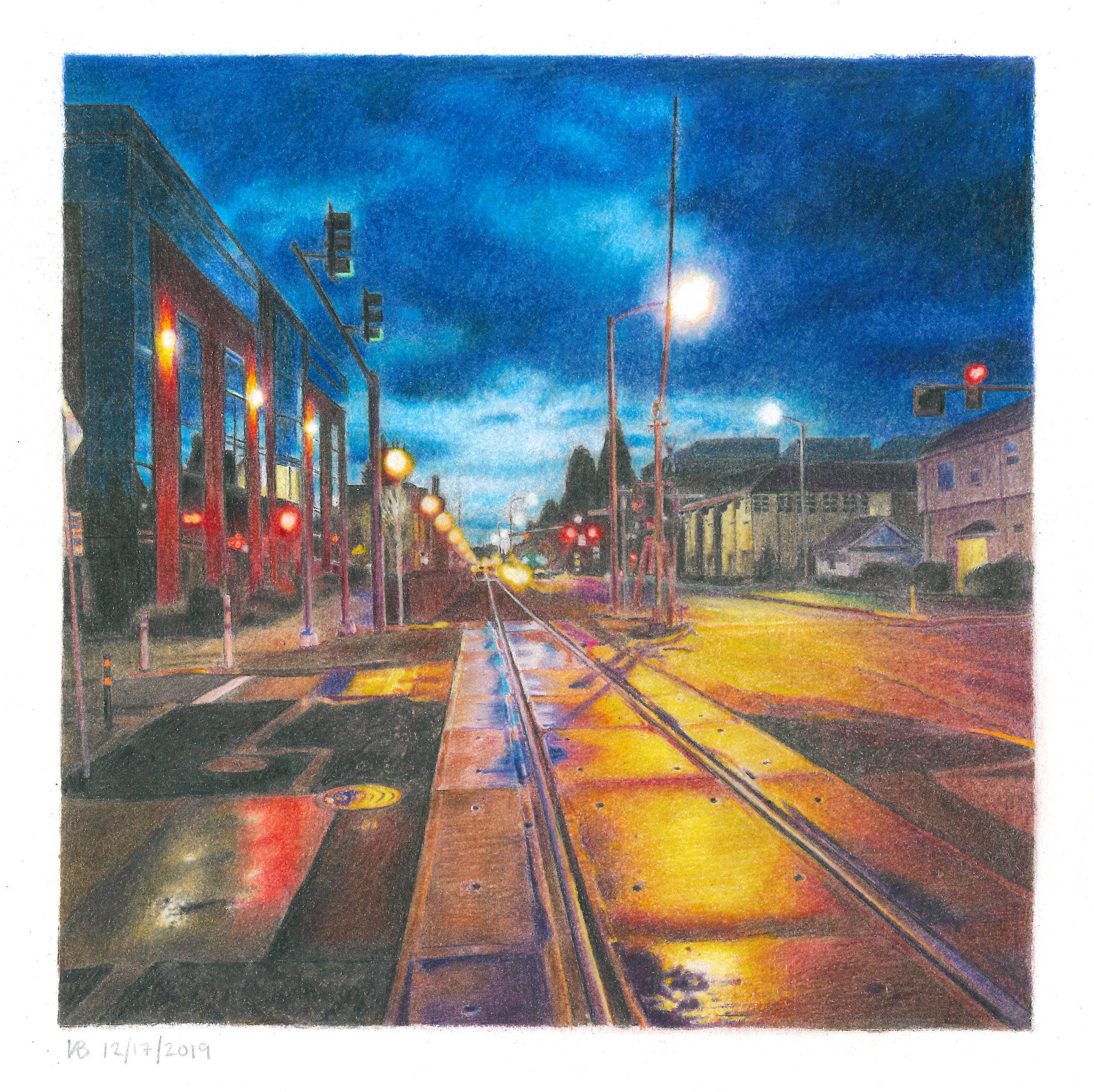 12th Street at Dusk Colored Pencil Art Print on Fine Art Paper